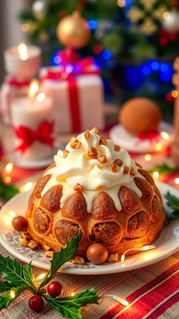 Christmas Waguri Pudding Recipe A festive Christmas Waguri pudding topped with whipped cream and chopped chestnuts, surrounded by holiday decorations.